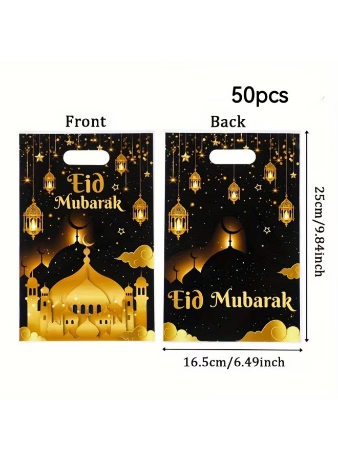 100PCS Eid Mubarak Plastic Gift Bags – Moon Star Castle Ramadan Candy Bags, Islamic Party Favor Treat Bags (2 Designs) - Image 3